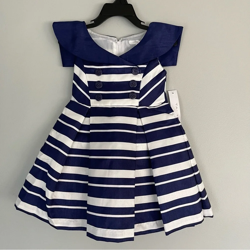 Tahari Nautical Stripe Double Breasted Yoke Dress Size 2T Navy & White